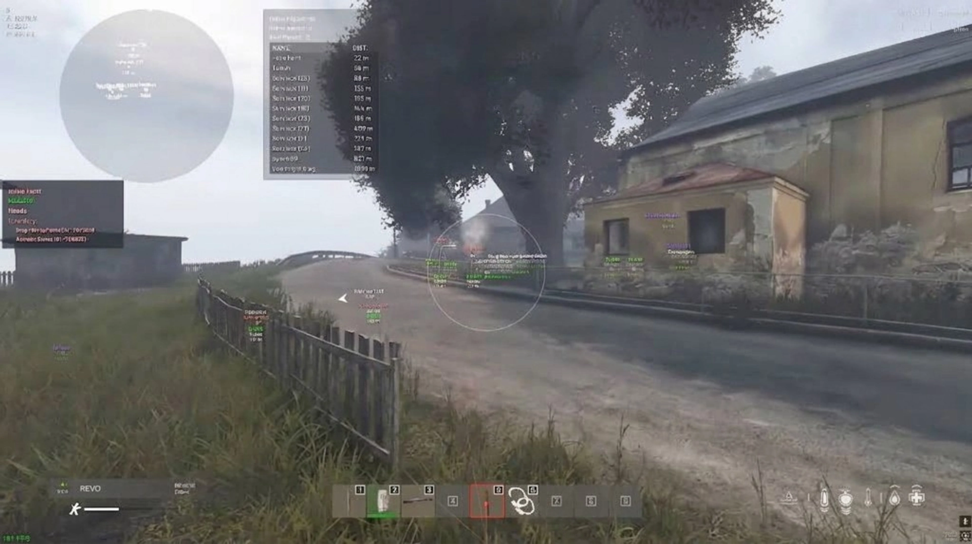 Dayz world ESP screenshot with player distance list and radar in foggy terrain